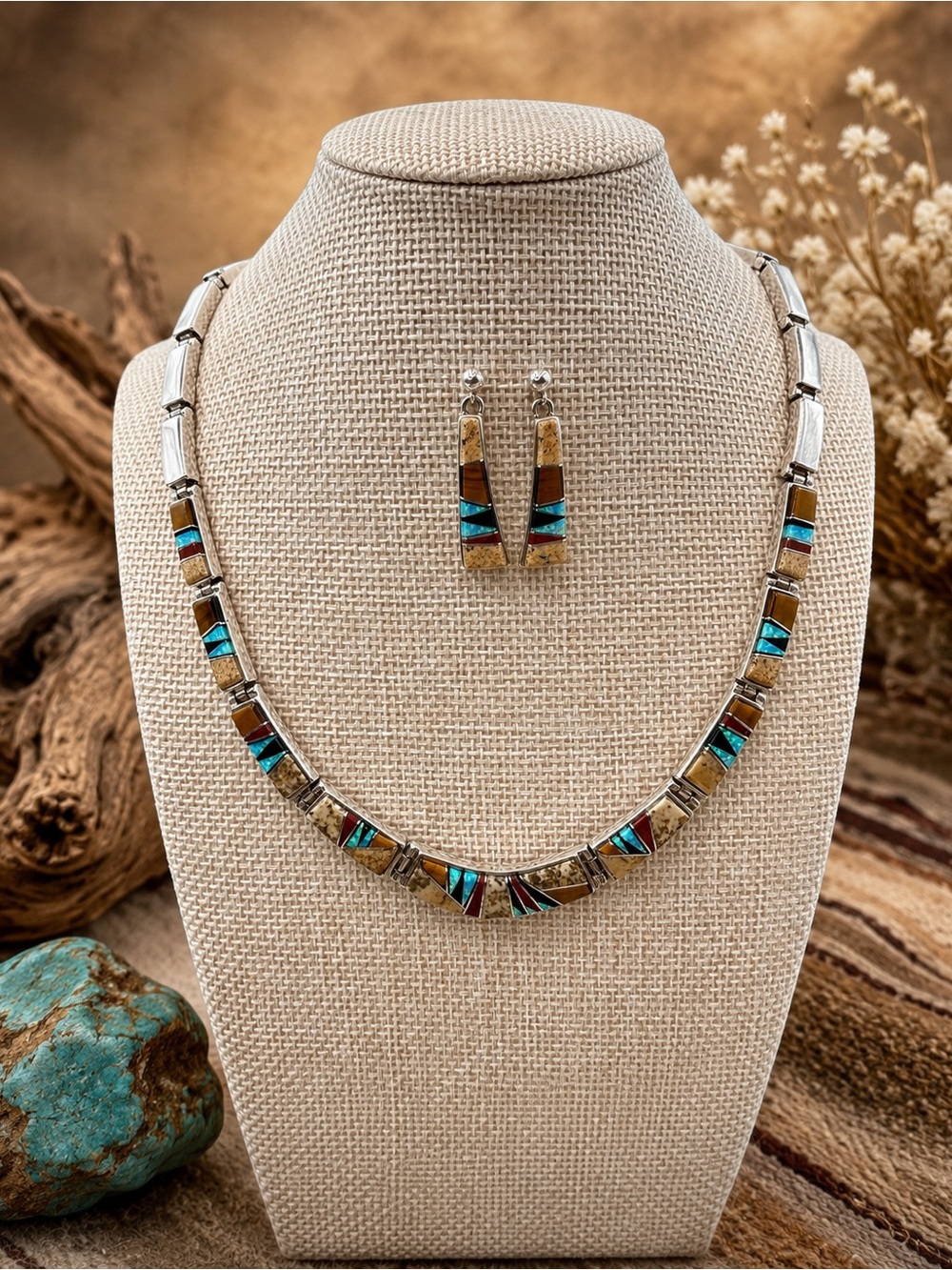 Calvin Begay Sterling Silver Inlay Collar Necklace & Earrings Signed Navajo 53g
